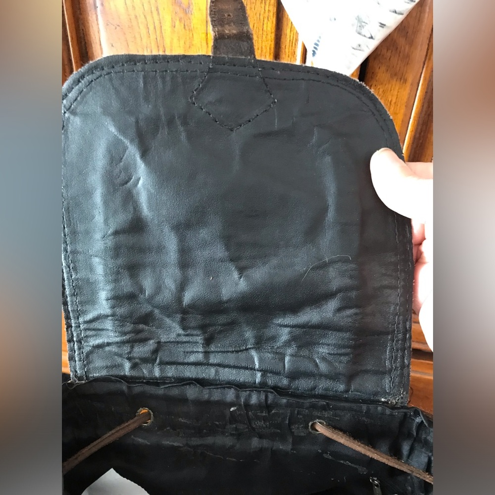 Vintage Dark Brown Tooled Leather and Woven Fabric Backpack - Picture 12 of 12